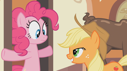 Size: 1920x1080 | Tagged: safe, screencap, applejack, pinkie pie, g4, mmmystery on the friendship express, door, grin, lidded eyes, out of context