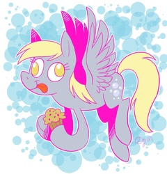 Size: 1024x1066 | Tagged: safe, artist:graystripe64, derpy hooves, pegasus, pony, g4, female, flying, mare, muffin, solo, tongue out