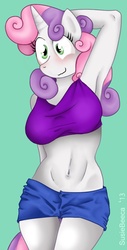 Size: 434x855 | Tagged: safe, artist:susiebeeca, sweetie belle, anthro, g4, armpits, belly button, blushing, breasts, busty sweetie belle, clothes, female, midriff, older, shorts, solo