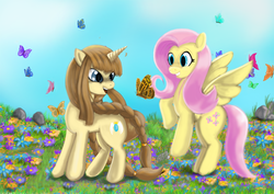 Size: 900x636 | Tagged: safe, artist:gunslingerpen, fluttershy, oc, butterfly, g4, flower