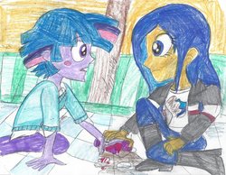 Size: 1013x788 | Tagged: safe, artist:brookellyn, flash sentry, equestria girls, g4, crayon drawing, dusk shine, equestria guys, flare warden, male, pencil drawing, rule 63, ship:duskflare, ship:flashlight, traditional art