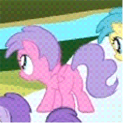 Size: 456x456 | Tagged: safe, screencap, pinkie feather, rainy feather, pegasus, pony, season 1, the cutie mark chronicles, animated, background pony, butt, cropped, cursed, facial expressions, faic, female, filly, funny, great moments in animation, hue, laughing, nightmare fuel, off model, open mouth, plot, purpleskies, purpletastic