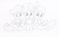 Size: 2000x1282 | Tagged: safe, artist:agamnentzar, apple bloom, scootaloo, sweetie belle, earth pony, pegasus, pony, unicorn, adorabloom, apple bloom's bow, blank flank, bow, chest fluff, cute, cutealoo, cutie mark crusaders, diasweetes, ear fluff, female, filly, foal, hair bow, happy, hnnng, looking at you, monochrome, open mouth, simple background, sitting, smiling, spread wings, traditional art, white background, wings