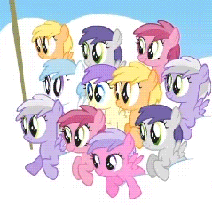 Size: 258x269 | Tagged: safe, screencap, alula, cotton cloudy, cupid (g4), mango dash, pinkie feather, pluto, sweet pop, tornado bolt, pony, g4, the cutie mark chronicles, animated, animation error, background pony, cheering, cropped, cursed, duplicate, duplication, facial expressions, female, filly, huehuehue, off model, when you see it