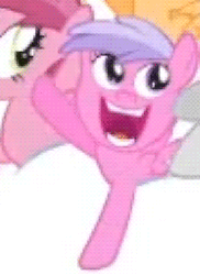 Size: 267x366 | Tagged: safe, screencap, alula, cupid (g4), mango dash, pinkie feather, pluto, ruby pinch, tornado bolt, g4, season 1, the cutie mark chronicles, adorawat, animated, animation error, background pony, cheering, cloud, cursed, cute, diapinkes, faic, female, gif, great moments in animation, hue, laughing, loop, nightmare fuel, off model, offscreen character, open mouth, pinchybetes, smiling, wat