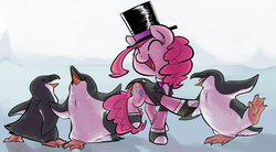 Size: 1371x756 | Tagged: source needed, safe, artist:php27, pinkie pie, bird, earth pony, penguin, pony, g4, animal, dancing, spats, top hat, tux, tuxedo