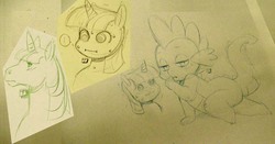 Size: 650x340 | Tagged: safe, artist:trump, spike, twilight sparkle, g4, irl, photo, pose, sketch, sketch dump, swirly eyes