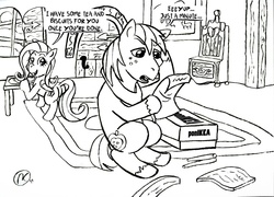 Size: 1100x792 | Tagged: safe, artist:indiche, big macintosh, fluttershy, earth pony, pony, g4, fluttershy's cottage, ikea, male, monochrome, ship:fluttermac, shipping, stallion, straight