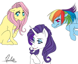 Size: 900x743 | Tagged: safe, artist:foervraengd, fluttershy, rainbow dash, rarity, g4, hoers, simple background, white background