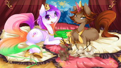 Size: 1600x900 | Tagged: dead source, safe, artist:loyaldis, oc, oc only, oc:prince verndari, oc:princess devota, earth pony, jackalope, pony, rabbit, unicorn, crown, eyeshadow, heart eyes, looking at you, open mouth, pillow, prone, smiling, wingding eyes