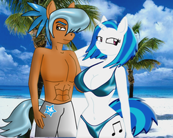 Size: 1280x1024 | Tagged: safe, artist:darpie, artist:odiz, dj pon-3, vinyl scratch, oc, anthro, g4, breasts, busty vinyl scratch, canon x oc, cleavage, clothes, female, topless