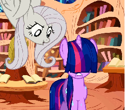 Size: 646x573 | Tagged: safe, screencap, fluttershy, twilight sparkle, pony, unicorn, g4, season 2, the return of harmony, animated, bangs, book, bucket, cruel, discorded, duo, evil grin, female, flutterbitch, frown, golden oaks library, hair over eyes, headbucket, library, slapstick, unamused, unicorn twilight, water, wet, wet mane, your face