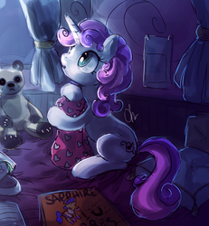 Size: 983x1062 | Tagged: safe, artist:eiolf, sweetie belle, pony, unicorn, g4, bed, dark, female, hug, magazine, night, older, pillow, pillow hug, solo, teddy bear, window