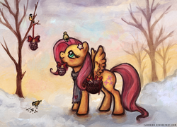 Size: 1000x718 | Tagged: dead source, safe, artist:fjording, fluttershy, bird, pegasus, pony, tit (bird), g4, basket, clothes, female, mare, mouth hold, scarf, snow, solo, tree, winter