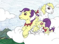 Size: 738x551 | Tagged: safe, artist:foxspotted, baby surprise, surprise, oc, g1, cloud, cloudy, family, traditional art