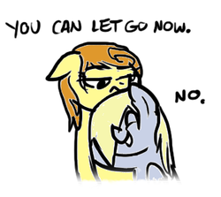 Size: 349x311 | Tagged: safe, artist:zicygomar, carrot top, derpy hooves, golden harvest, earth pony, pegasus, pony, g4, carrot top is not amused, cropped, cute, cutie top, derpabetes, female, hug, mare, no, simple background, unamused, white background