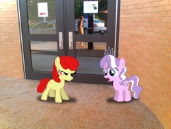 Size: 2048x1536 | Tagged: safe, artist:tokkazutara1164, apple bloom, diamond tiara, human, g4, arrow, car, cellphone, door, irl, parking lot, photo, please turn cell phones off, ponies in real life, reflection, school