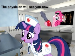 Size: 600x450 | Tagged: safe, artist:paris7500, pinkie pie, twilight sparkle, g4, bed, chainsaw, clothes, grin, hospital, irl, nurse, photo, ponies in real life, smiling, table, this will end in tears, this will end in tears and/or death, uniform, vector