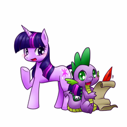 Size: 1000x1000 | Tagged: safe, artist:hashioaryut, spike, twilight sparkle, pony, unicorn, g4, duo, female, mare, pixiv, quill, scroll, unicorn twilight