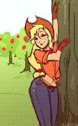 Size: 350x562 | Tagged: safe, artist:x-arielle, applejack, human, g4, animated, applebucking, applebucking hips, applebucking thighs, applebutt, applejack mid tree-buck with 3 apples falling down, applejack's hat, ass, butt, clothes, cottagecore, cowboy hat, female, frame by frame, gif, gloves, hat, humanized, light skin, smiling, solo, wide hips