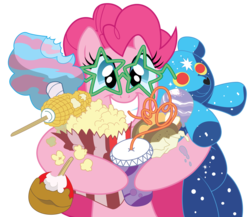 Size: 7642x6626 | Tagged: safe, artist:stainless33, idw, pinkie pie, earth pony, pony, g4, absurd resolution, caramel apple (food), corn, cotton candy, crazy straw, female, food, ice cream, popcorn, simple background, solo, transparent background
