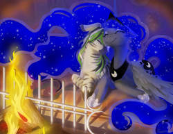 Size: 3300x2550 | Tagged: safe, artist:hinoraito, princess luna, oc, oc:jack hyperfreak, alicorn, pony, zebra, g4, canon x oc, cuddling, cute, eyes closed, female, fireplace, floppy ears, jackuna, lying, lying down, male, nuzzling, prone, shipping, smiling, snuggling, straight