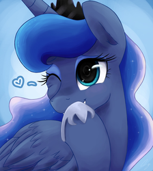 Size: 2400x2682 | Tagged: safe, artist:steffy-beff, princess luna, pony, g4, cute, female, giggling, heart, lunabetes, smiling, solo, wink