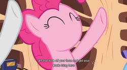 Size: 640x355 | Tagged: safe, screencap, pinkie pie, g4, magic duel, meme, no mouth, youtube caption