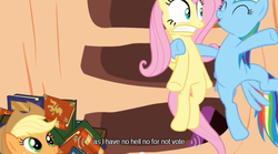 Size: 640x355 | Tagged: safe, screencap, applejack, fluttershy, rainbow dash, g4, meme, youtube caption