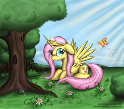 Size: 3726x3266 | Tagged: safe, artist:ap0st0l, artist:vulpessentia, fluttershy, alicorn, butterfly, pony, g4, :o, alicornified, blushing, female, flower, fluttercorn, forest, looking at you, nature, princess, prone, race swap, scenery, shy, solo, spread wings