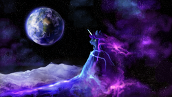 Size: 1024x576 | Tagged: safe, artist:elkaart, princess luna, alicorn, pony, g4, banishment, chained, crying, earth, ethereal mane, female, looking away, solo, space, surreal