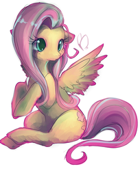 Size: 709x871 | Tagged: dead source, safe, artist:luvlymilk, fluttershy, butterfly, pegasus, pony, g4, digital painting, female, mare, simple background, sitting, solo, spread wings, white background, wings