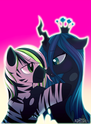 Size: 1483x2000 | Tagged: safe, artist:si1vr, queen chrysalis, oc, oc:jack hyperfreak, changeling, changeling queen, zebra, g4, canon x oc, female, jackalis, kohtek, male, shipping, straight