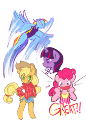 Size: 1280x1839 | Tagged: dead source, safe, artist:luvlymilk, applejack, pinkie pie, rainbow dash, twilight sparkle, anthro, g4, flying, sketch dump