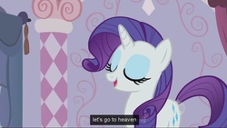 Size: 1023x576 | Tagged: safe, edit, edited screencap, screencap, rarity, g4, my little pony: friendship is magic, sisterhooves social, female, heaven, hub logo, imminent ascension, meme, solo, this will end in death, youtube caption