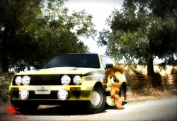 Size: 1132x774 | Tagged: safe, artist:unitoone, applejack, g4, bipedal leaning, car, female, gran turismo, gran turismo 5, mitsubishi, mitsubishi starion, solo