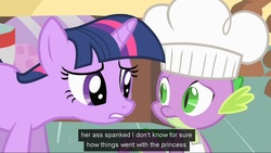 Size: 1023x576 | Tagged: safe, edit, edited screencap, screencap, spike, twilight sparkle, pony, a bird in the hoof, g4, caption, meme, spanking, youtube caption