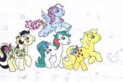 Size: 717x480 | Tagged: safe, artist:foxspotted, applejack (g1), gusty, sugar apple, oc, g1, candy cane pony, lantern, traditional art