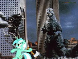 Size: 900x675 | Tagged: safe, lyra heartstrings, kaiju, pony, g4, axe, crossover, giant lyra heartstrings, giant pony, godzilla, godzilla (series), mega lyra