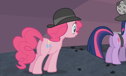 Size: 1920x1168 | Tagged: safe, screencap, pinkie pie, twilight sparkle, pony, g4, mmmystery on the friendship express, bowler hat, butt, coal, deerstalker, detective, eyes on the prize, female, hat, looking at butt, mare, out of context, plot, saddle bag, sherlock holmes, sherlock sparkle