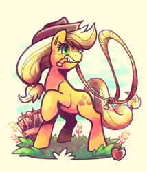Size: 1024x1195 | Tagged: safe, artist:crayon-chewer, applejack, earth pony, pony, g4, apple, cowboy hat, female, food, hat, lasso, mare, mouth hold, raised hoof, rope, solo