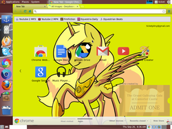 Size: 1024x768 | Tagged: safe, oc, oc only, oc:ticket, alicorn, pony, :t, alicorn oc, computer, cutie mark, google chrome, linux, looking at you, mod, raised hoof, skype, smiling, solo, spread wings, ubuntu