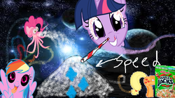 Size: 1600x900 | Tagged: safe, artist:greyone, applejack, pinkie pie, rainbow dash, rarity, twilight sparkle, g4, bloodshot eyes, colors, drugs, ms paint, not salmon, rob ford, space, speed, wat