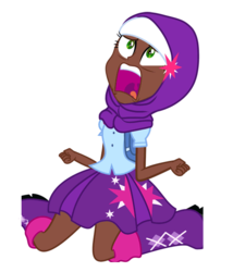 Size: 500x583 | Tagged: safe, artist:tenaflyviper, twilight sparkle, equestria girls, g4, clothes, exploitable meme, female, hijab, human coloration, islam, pleated skirt, redesign, simple background, skirt, solo, transparent background, twiscream