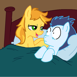 Size: 500x500 | Tagged: safe, artist:jcking101, artist:madmax, edit, braeburn, soarin', pony, g4, bed, gay, implied sex, male, pillow, ship:soarburn, shipping, surprised, wide eyes