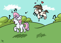 Size: 3500x2500 | Tagged: safe, artist:doggonepony, pipsqueak, sweetie belle, g4, female, heart, male, music notes, ship:sweetiesqueak, shipping, singing, straight