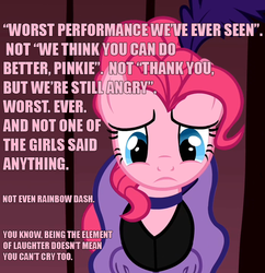Size: 697x720 | Tagged: safe, edit, edited screencap, screencap, pinkie pie, g4, over a barrel, clothes, cropped, dress, female, image macro, pink text, puffy sleeves, sad, saloon dress, saloon pinkie, solo