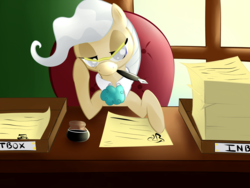 Size: 2000x1500 | Tagged: safe, artist:malwinters, mayor mare, g4, female, glasses, paperwork, solo, table, working