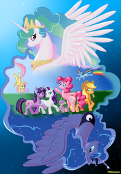 Size: 700x1000 | Tagged: safe, artist:chibi-narusegawa, applejack, fluttershy, pinkie pie, princess celestia, princess luna, rainbow dash, rarity, spike, twilight sparkle, alicorn, dragon, earth pony, pegasus, pony, unicorn, g4, horn, mane seven, mane six