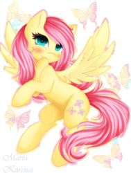 Size: 1024x1355 | Tagged: safe, artist:leelah-sama, fluttershy, butterfly, pegasus, pony, g4, blushing, cute, female, looking at you, shyabetes, simple background, smiling, solo, spread wings, transparent background
